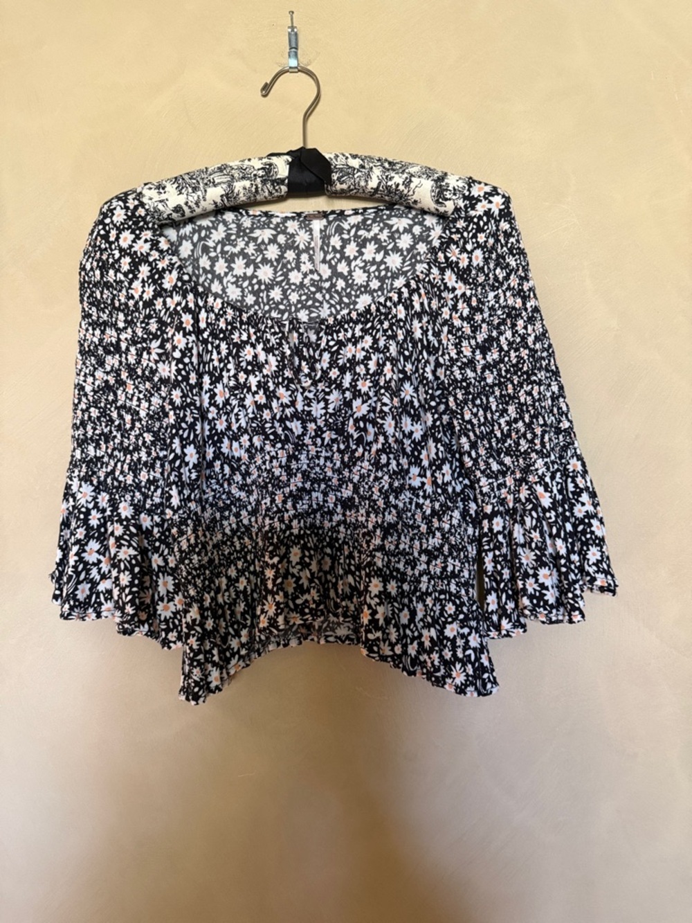 Free People Black Floral Smocked Peasant Top size Med.